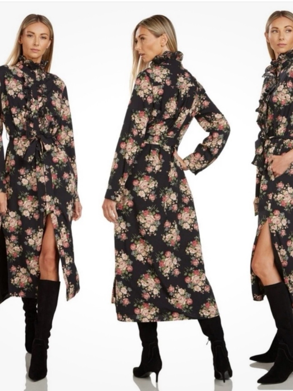 Trish Scully Black Maxi Dress with Pink & Cream Floral Print